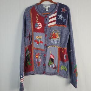 Vintage Christmas Embroidered Patchwork Cardigan Sweater size L blue multi 90s
